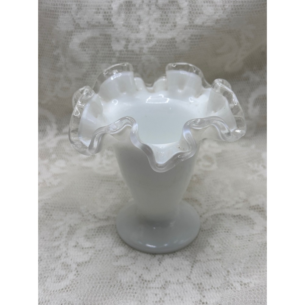 Vintage Fenton Milk Glass Silver Crest Ruffled Rim Pedestal Bud Vase 4 inch